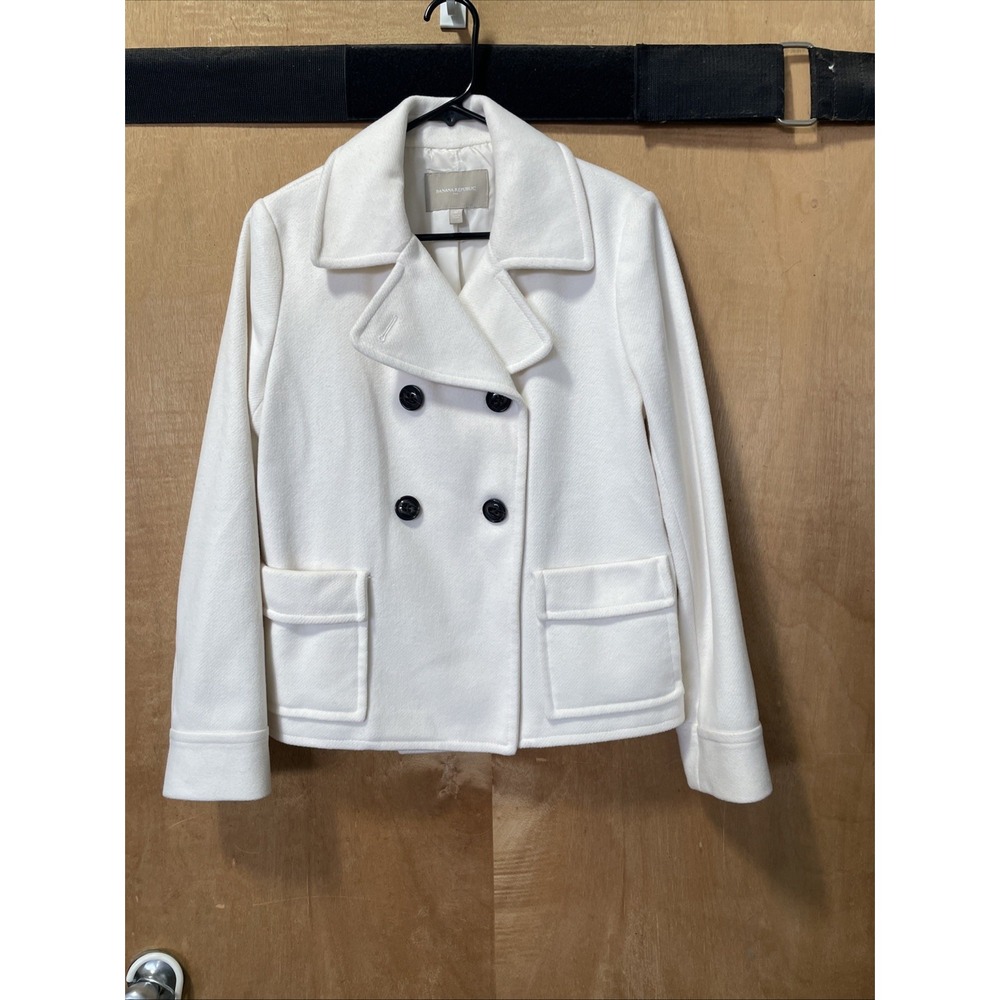 Banana Republic Women's Medium Factory White Pea Coat Wool Blend Double Breasted